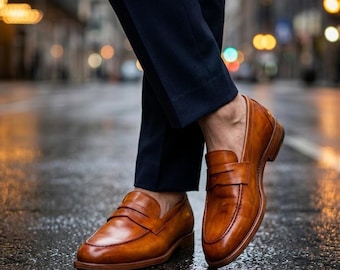 Handmade Tan Leather Penny Loafers Men Slip On Dress Shoes