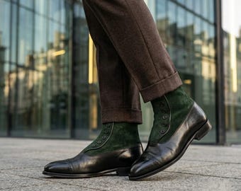 Handmade Green Suede Black Leather Victorian Button Boots