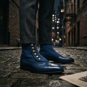 Blue leather men's dress boots with stacked leather heels and dark brown sole edges.