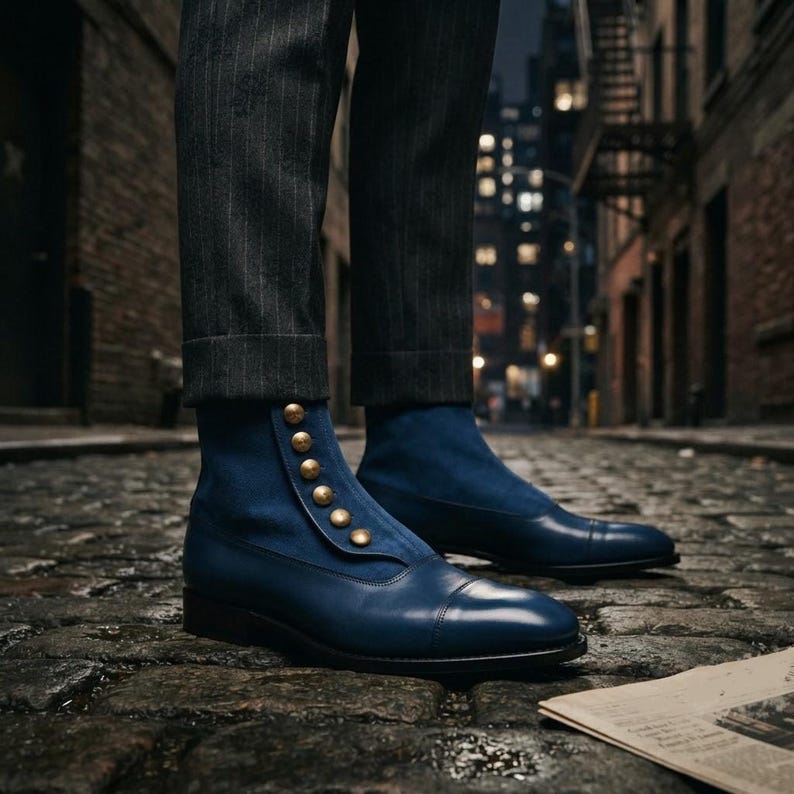 Blue leather men's dress boots with stacked leather heels and dark brown sole edges.