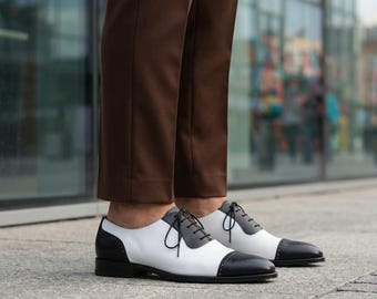 Handmade Black White Spectator Shoes Leather Oxford Brogue