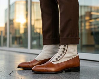 Brown Leather Victorian Button Boots Handmade Men Spat Shoes