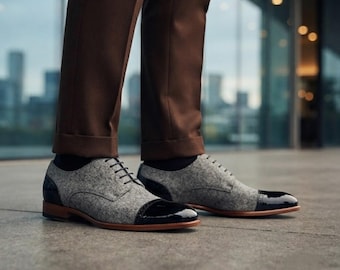 Handmade Grey Wool Felt Men's Dress Shoes Black Patent Cap Toe