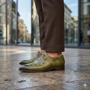 May include: Olive green leather oxford shoes with a burnished finish, featuring thin beige laces adorned with small turquoise and brown cylindrical beads at the ends, paired with dark brown trousers that end just above the ankle.