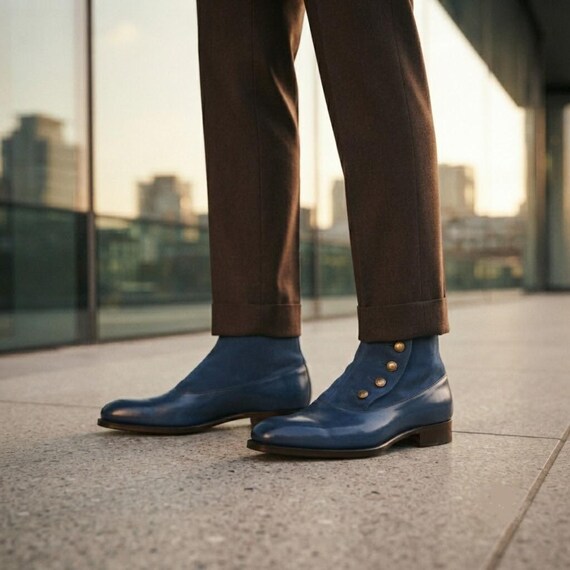 Handmade Blue Leather Victorian Button Boots Men Suede Shoes