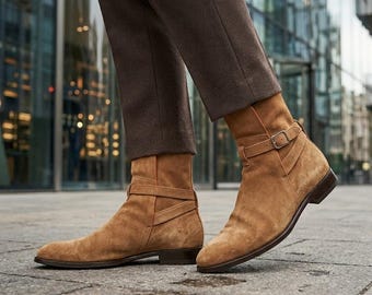 Men's Tobacco Suede Jodhpur Boots, Handmade Ankle Boots with Buckle Detail