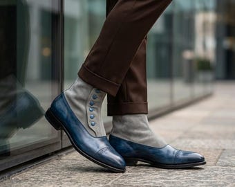 Handmade Blue Leather Button Boots Grey Suede Spat Shoes