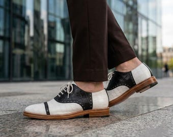 Handmade Black White Crocodile Leather Spectator Shoes