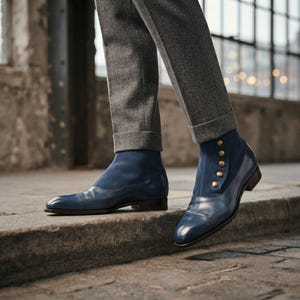 Blue leather men's dress boots with stacked leather heels and dark brown sole edges.