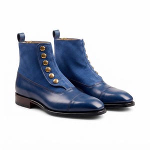 Detail shot of the grain on Aegean blue calf leather and soft suede boot shaft