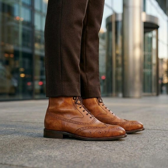 Men\'s vintage Tan Leather Brogue Boots - Classic Wingtip Lace-Up Handmade mens Tan color wingtip brogue ankle boots, Men Lace  main image 2