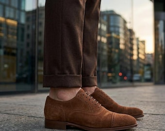 Handmade Brown Suede Oxford Shoes Men Cap Toe Brogue Dress