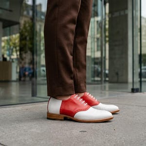 white and red dress shoes Ms. Alexander White/Red Leather Lug Wingtip Derby you can walk Mens Handmade Suede creame Red