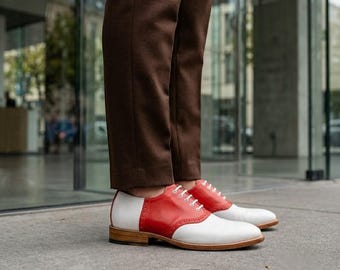 Red White Saddle Shoes Men Leather Spectator Oxfords