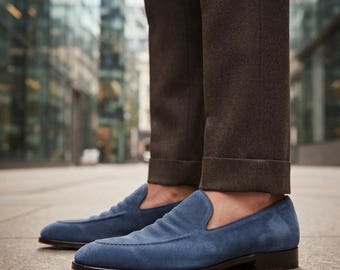 Handmade Men Blue Suede Loafers Luxury Venetian Slip On Shoes
