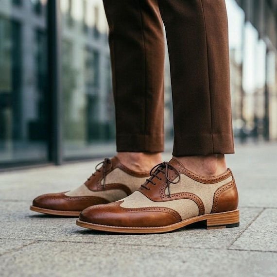 Handmade Two Tone Men's Spectator Shoes Brown Canvas Wingtip