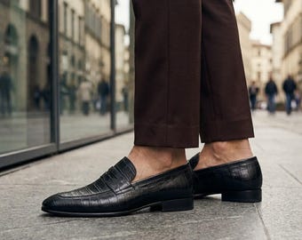 Handmade Black Crocodile Leather Penny Loafers Red Sole Men