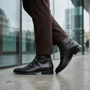 May include: A pair of black leather ankle boots featuring a cap toe, a side zipper closure, and a vertical row of decorative metal studs along the lace-up area. The boots are worn with dark brown trousers that reach just above the ankle line.