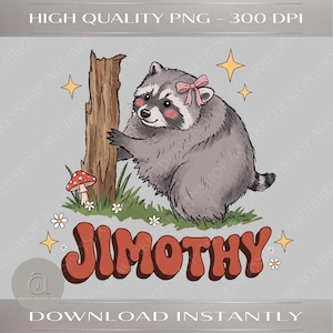 Szop pracz w stylu kokietki PNG, uroczy wzór sublimacji kokardy Jimothy'ego, retro śmietnikowa panda z grzybem w kształcie kwiatu, cyfrowy plik do pobrania na koszulkę z motywem leśnym