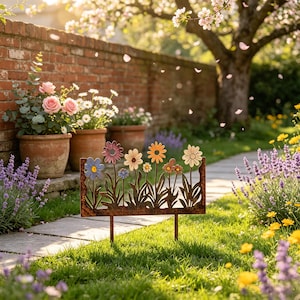 Könnte beinhalten: Ein Gartenstecker aus Metall mit einer Reihe stilisierter Blumen in Blau-, Rosa-, Creme-, Orange- und Brauntönen. Die Blumen sind auf einer rechteckigen Basis mit Rost-Optik befestigt, die zwei spitze Stäbe zum Einstecken besitzt.