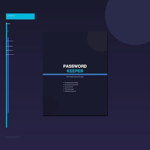 May include: A dark navy blue password keeper book with white and cyan text. The cover displays the title PASSWORD KEEPER, the tagline Never forget a password again, and a list of features including A-Z Password Log, Subscription & Login Tracker, Security Checklist, PIN & Code Keeper, and Emergency Contact Info.