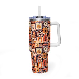 Retro Halloween-lapptäcke 120 cl dricksglas med handtag, vintage läskig pumpasläckare med spöken, mysig höstkatt-resemugg, 120 cl dricksglas
