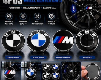Könnte beinhalten: Ein Set aus vier runden Radnabendeckeln für BMW-Fahrzeuge, die verschiedene Designs wie das klassische blau-weiße Logo, das M-Performance-Logo und komplett schwarze Optionen mit einer glänzenden Oberfläche aufweisen.