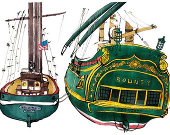 bel espoir and bounty: ship print / nautical illustration