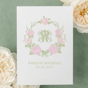 Wedding Crest with Peonies & Roses | Blush Pink and Green Floral Monogram | Personalized Wedding Logo