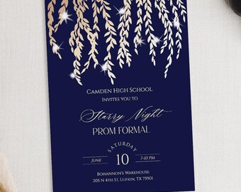 Starry Night Prom Invitation, Ticket, Poster: Navy & Gold (Editable Template)