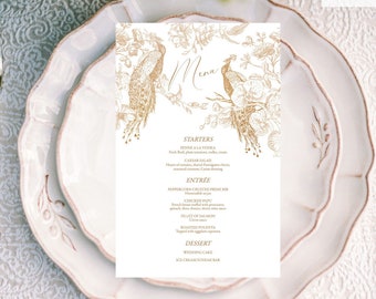Editable Menu and Place Cards Templates - Gold Peacocks and Orchids Wedding Menu