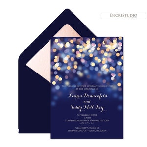 Wedding Invitation - Under the Stars, Night Sky Printed Wedding Invitation, Navy and Gold Bokeh Wedding Invitation