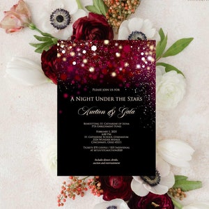 Einladung, Rsvp, Menü, Willkommensschild bearbeitbare Vorlagen - A Night Under the Stars Auktion und Gala - Burgunderrot, Schwarz und Gold