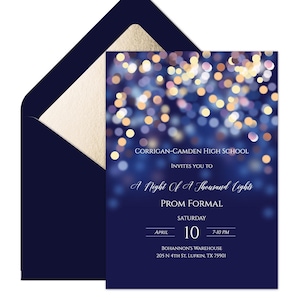 Convite e ingresso editáveis para o baile de formatura estrelado dourado e azul, convite para o baile escolar A Night Under the Stars