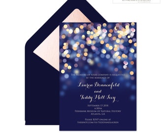 Wedding Invitation - Under the Stars, Night Sky Printed Wedding Invitation, Navy and Gold Bokeh Wedding Invitation