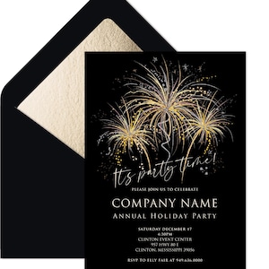 Puede incluir: Invitación a una fiesta navideña negra y dorada con una ilustración de fuegos artificiales y el texto "It's party time!"  Únase a nosotros para celebrar COMPANY NAME Fiesta navideña anual Sábado 17 de diciembre 16:30 Clinton Event Center 957 Hwy 80 E Clinton, Mississippi 39056 RSVP a Elly Fair al 949.636.0000