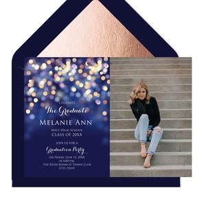 Graduation Announcement Editable Template, Navy and Gold Bokeh Graduation Photo Invitation, Under the Stars Senior Graduation Announcement