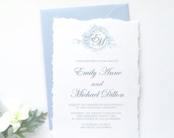 Wedding Invitation Set Editable Template, Vintage Wedding Monogram Crest Invitation in powder blue