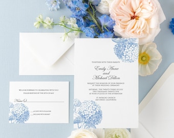 Blue Hydrangea Wedding Invitation Suite: Printed Botanical Floral Set