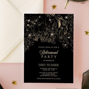 Editable Retirement Party Invitation - Gold and Black Starry Night Invitation