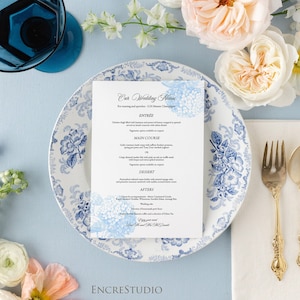 Editable Blue Hydrangea Menu, Table Numbers, Place Cards, Botanical Wedding Templates