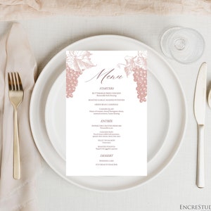 Bewerkbaar menu, tafelnummers, plaatskaarten, sjablonen voor bruiloft rosédruiven wijnmakerij