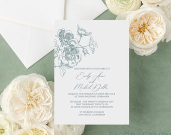 Rose Wedding Invitation Editable Template, Vintage Botanical Wedding Invitation