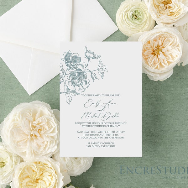 Rose Wedding Invitation Editable Template, Vintage Botanical Wedding Invitation