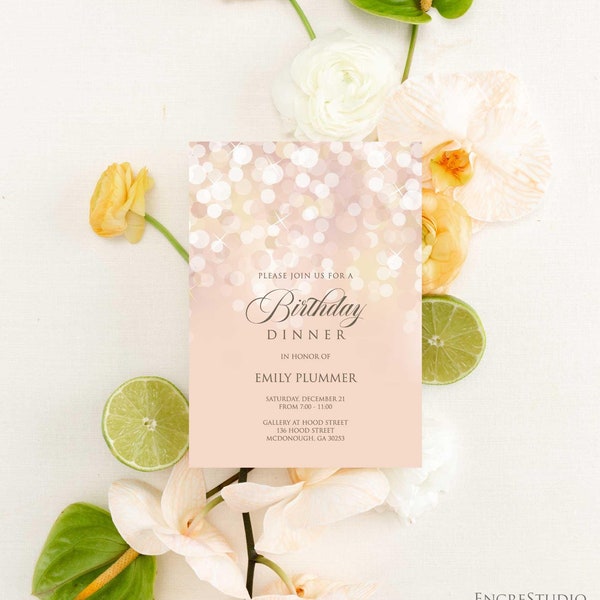 Rose Gold Bokeh Birthday Dinner Invitation | Adult Surprise Party Invite (Editable Template)