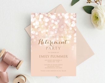 Editable Retirement Party Invitation Template - Gold and blush bokeh invitation