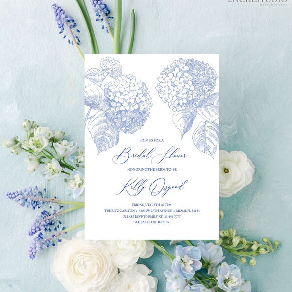 Bridal Shower Invitation Editable Template - Blue Hydrangea