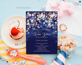 Editable Birthday Invitation - Night Sky, Under the Stars Birthday Invitation, Navy Blue and Gold Bokeh Invitation