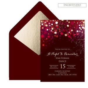 Bearbeitbare Gold- und Rot-Prom-Einladung und Ticket, Roter Teppich-Schultanz-Einladung
