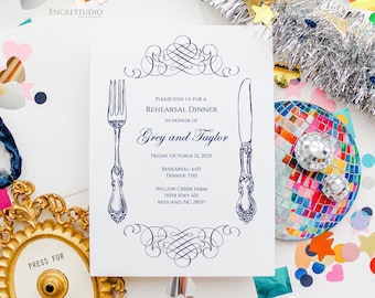 Rehearsal dinner invitation editable template - Calligraphy wedding rehearsal invitation with fork and knife